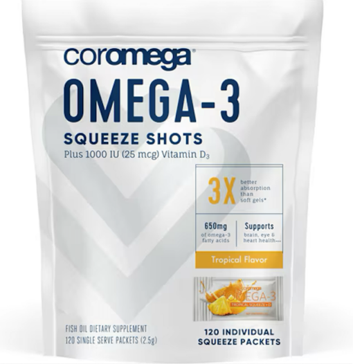 Coromega Omega-3魚油＋維他命D 1000IU 120包/鳳梨橘子 新包裝